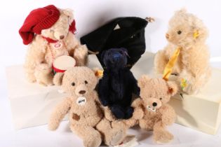 Five Steiff bear models to include 'Belfry' bear, 'The Musical Spring' bear and three others.