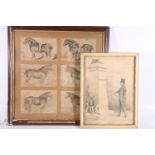 Framed display of six equestrian interest prints by E Mitchell, 48cm x 48cm, along with a framed