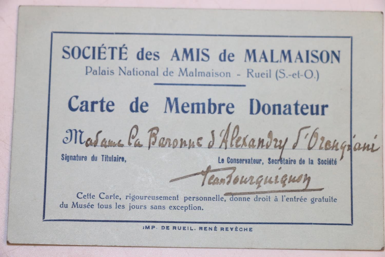 PT Barnum: Société des Amis de Malmaison membership card, issued in the name of Madame La Baronne - Image 2 of 3