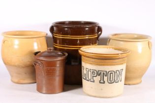 Lipton stoneware storage crock, a twin-handled salt glazed storage crock, and three others.  (5)