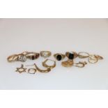 Eight rings, four pairs of earrings, and two charms, all 9ct gold, 24.6g.