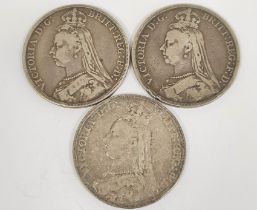 United Kingdom. Queen Victoria (1837-1901) two silver crowns dated 1889 and another dated 1891 S.