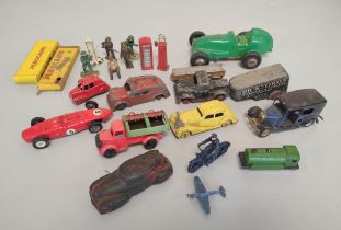 Collection of vintage die-cast and plastic model vehicles and figures, all in play worn condition.