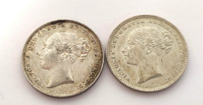 United Kingdom. Queen Victoria (1837-1901) silver 1852 shilling EX S.3904. Also another dated 1883