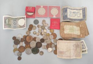 Bag of world coins and banknotes to include British silver threepences, U.S buffalo nickels and