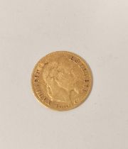 France. 1866 Napoleon III gold 10 Franc coin, 3.1g.