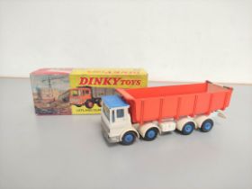 Dinky Toys. Boxed Leyland Dump Truck with Tilt Cab No. 925. White cab and chassis with blue roof and