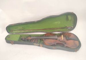 Antique 4/4 size violin, likely of Saxony origin, with spruce top and two piece maple back, in