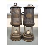 Two Miners Lamps by Patterson Lamps Ltd, Gateshead on Tyne, Type B7. Brass lower body, makers