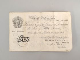 Bank of England. Percival S. Beale, £5 note, 21st April 1951, serial number U45 092068.