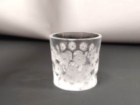 Lalique Daisy pattern frosted glass tumbler, Signed to the underside, 7cm high.