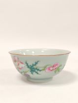 Chinese famille rose celadon bowl bears seal mark for Qianlong 1736-1795, decorated with