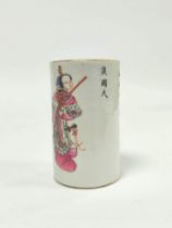 Chinese famille rose cylindrical sleeve vase / brush pot, iron red Qianlong style mark to underside,