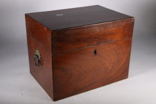 Victorian mahogany hinged top box with fabric interior, with loop ring handles, 25cm high.