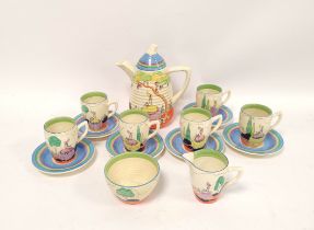 Clarice Cliff Bizarre fifteen piece handpainted coffee set, comprising of coffee pot with cover,