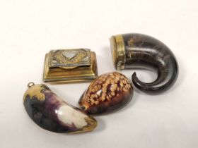 Early 18th century brass snuff box with inset pearl 57mm, a similarly mounted mussel shell box,