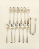 Set of twelve silver tea spoons and tongs, initialled by Mary and Elizabeth Sharpe, 1830, 225g, 7oz.