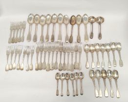 Silver fiddle pattern table ware, various 19th century dates and assays including York, Edinburgh