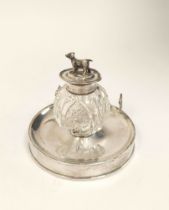 Silver inkwell with hound finial on loaded circular box base. 1905. 76g