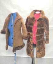 Vintage banded brown sheepskin and leather coat, no labels, approx. size 8/10?; also a child's