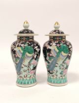 Pair of Chinese famille rose baluster vases with covers, decorated with polychrome birds of paradise