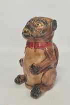 19th century Continental majolica tobacco jar, modelled as a pug dog in seated pose, wearing red