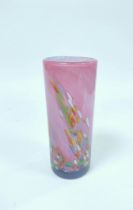 Art Glass Vase of cylindrical shape with multi coloured inclusions on a pink opaque ground, signed