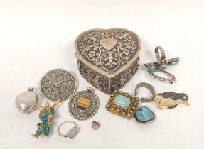 Indian embossed silver box of heart shape and various other items including silver mounted