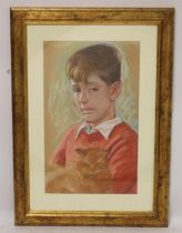 Edward Wolfe (British 1896-1981) Portrait of a boy holding a cat Chalk pastel on buff paper,