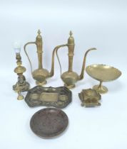 Group of assorted brass wares to include pair of large Middle Eastern tea pots with covers, Bidri