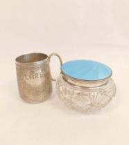 Cut glass powder bowl with enamelled silver lid 1932 (97g) and a Middle Eastern, low standard silver