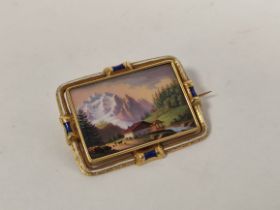 19th century Swiss enamel brooch depicting a typical Alpine scene with chalet and figures against