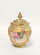 Royal Worcester pot pourri vase with cover with four panels to the body bearing pink roses and