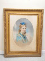 Artist Unknown 20th cent. Edwardian School Portrait of a young girl with blue ribbon.  Pastel