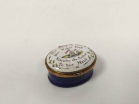 Good Bilston enamel patch box with ditty and view of shipping, unusually in very good condition,