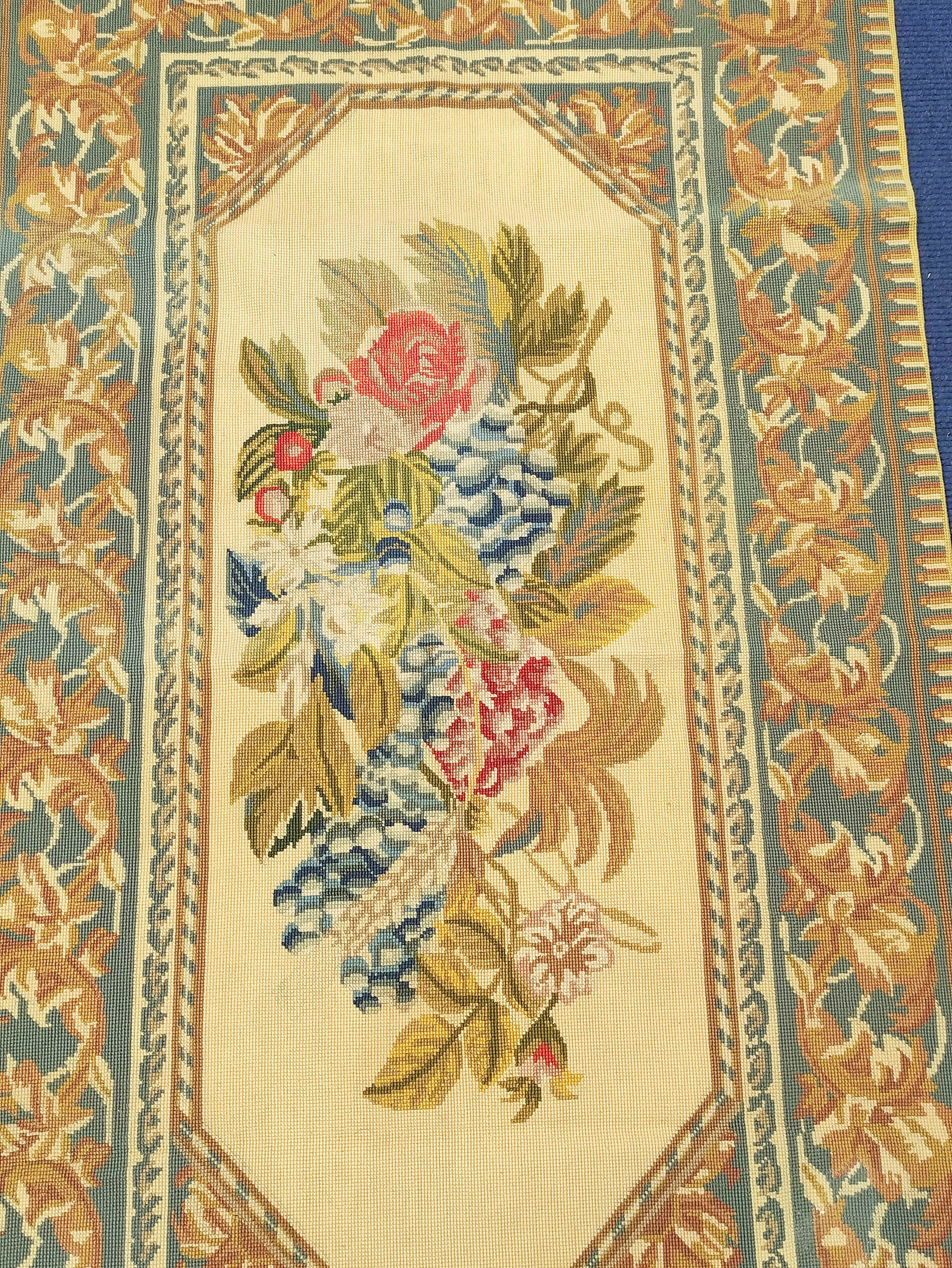 Gros point tapestry rug, the polychrome central floral panel with cream ground, surrounded by - Image 2 of 4