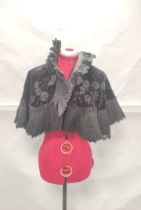 Victorian or Edwardian lady's black velvet evening cape with beaded and embroidered floral