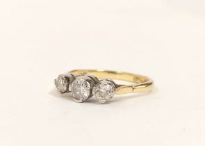 18ct gold three stone diamond ring. Size Q