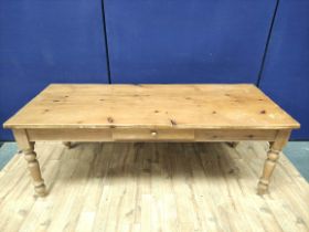 Victorian pine three plank top kitchen table with long central drawer to either side and raised on