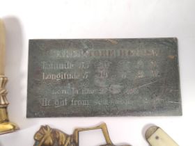 Brass plaque inscribed with geographical details for Ballimore House, two desk seals and various