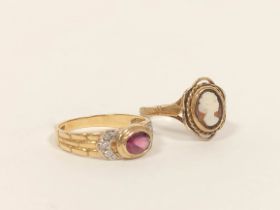 Pink and white sapphire ring and another, cameo, both 9ct gold. Sizes 'O' and 'T'  6.3g (2)