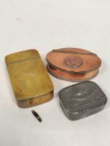 Brass snuff box inscribed 'G Wall' C1800, 84mm, another oval with inset coin, another pewter, and