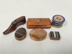 Georgian treen snuff box modelled as a shoe, another, briar, three oval boxes, porphyry and quartz