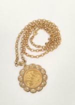 Sovereign 1979 on 9ct gold detachable pendant mount and necklet. 22.4g gross.