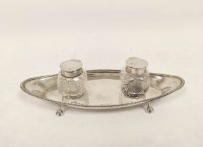 Silver ink stand with two mounted glass receivers on oval base by Reids 1905. 174g weighable 6oz