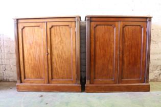 Pair of 19th century Regency style mahogany side cabinets, the rectangular tops with pierced brass