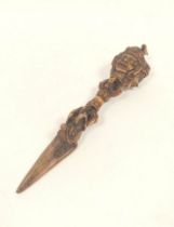 Sino-Tibetan patinated metal ceremonial phurbu dagger, 25cm long.