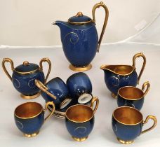 Carlton Ware pattern 1974 coffee set with dappled blue bodies, gilt swirl to the centre and with