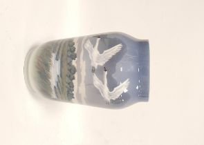 Royal Copenhagen vase depicting a coastal scene with flying geese, Decorators initials ZN with shape