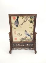 Chinese 20th century table screen, the double sided screen decorated with woven birds on branches on